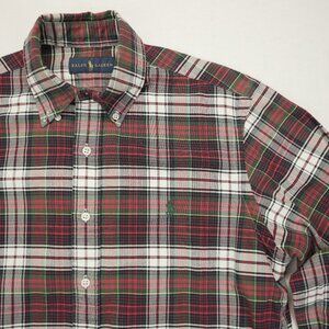 Polo Ralph Lauren Button Shirt Medium Red Plaid Green Pony Long Sleeve Oxford